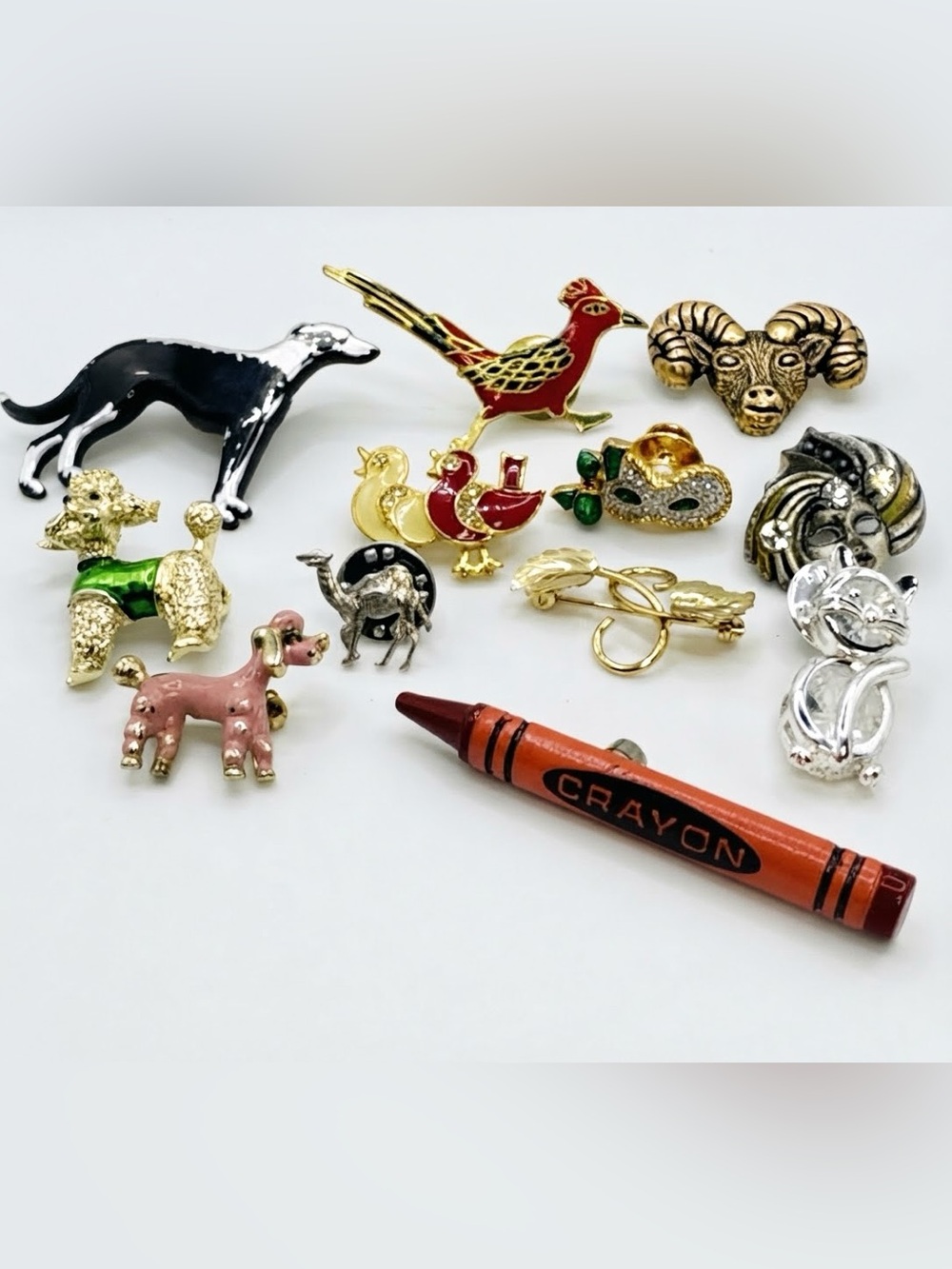 Vintage Enamel Animal & Novelty Lapel Pins Lot Poodles Cat Ram Crayon